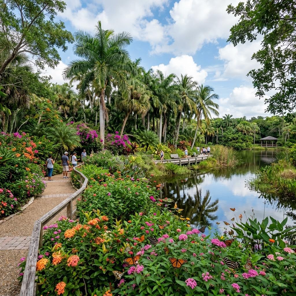 Tropical garden with colorful flowers and palm trees beside a small lake