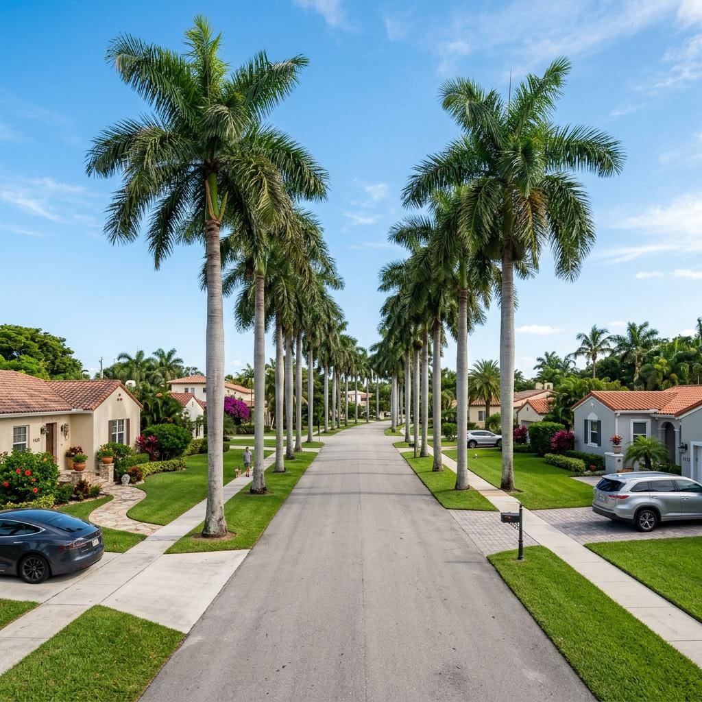 Suburban street lined with tall palm trees and single-family homes