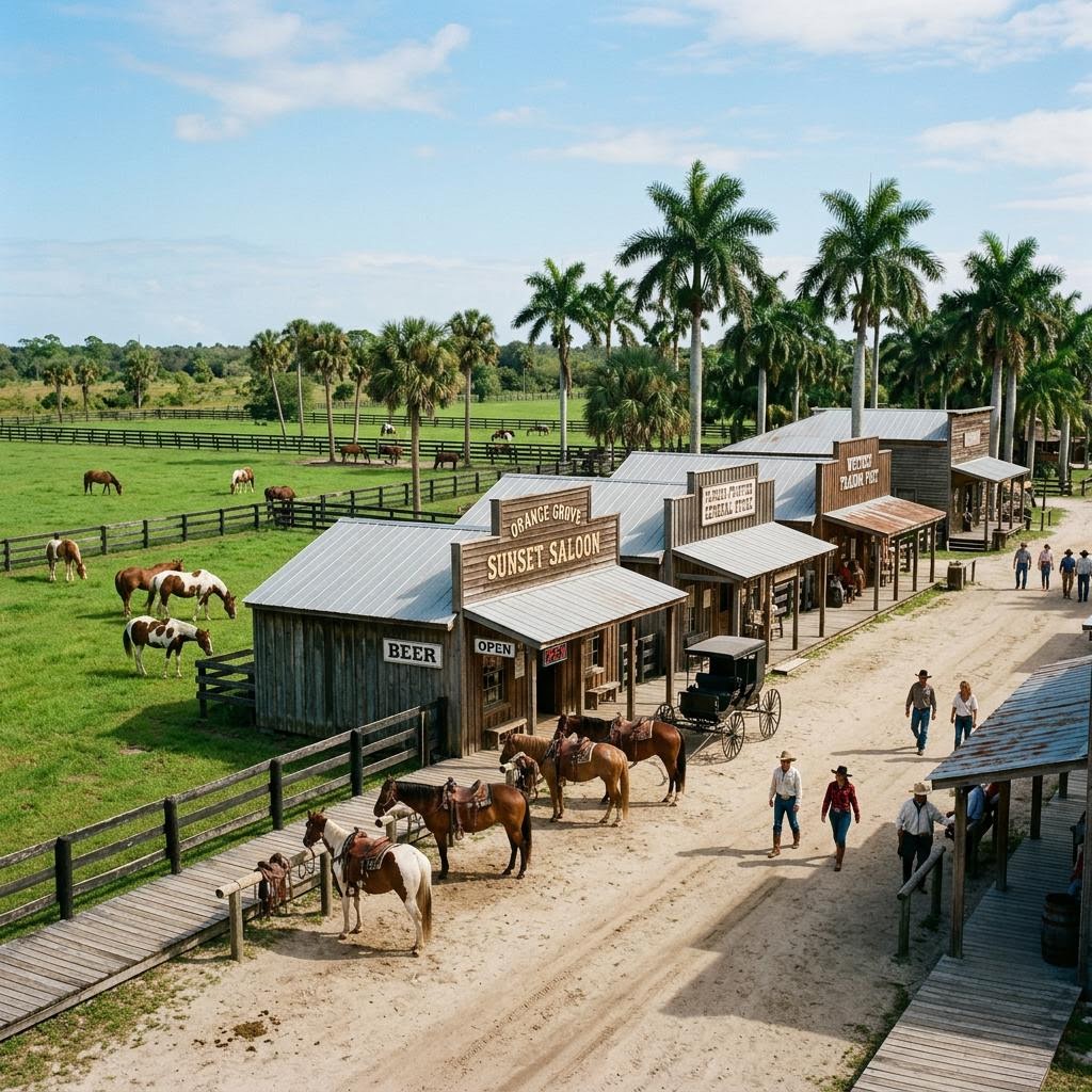 Green pasture with grazing horses, ranch fencing, and palm trees