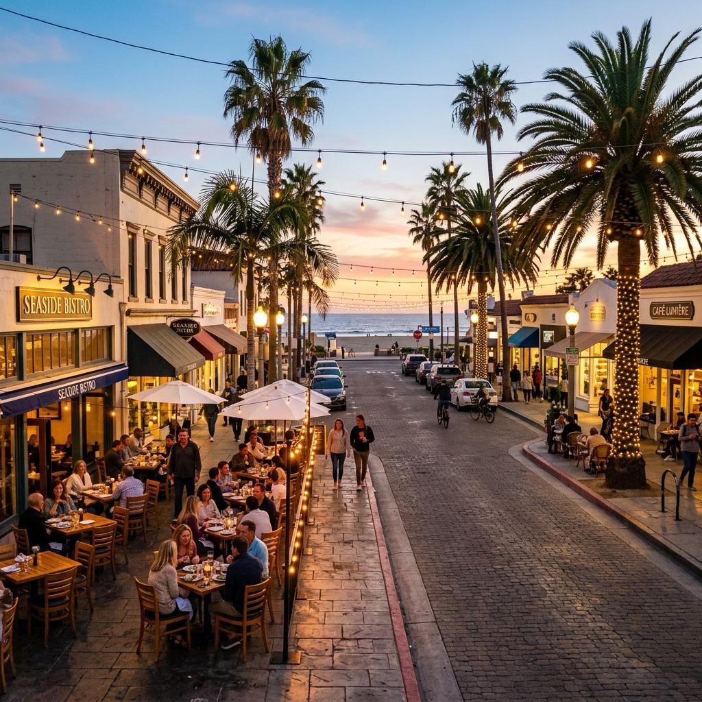Downtown street with outdoor cafe seating, string lights, and palm trees