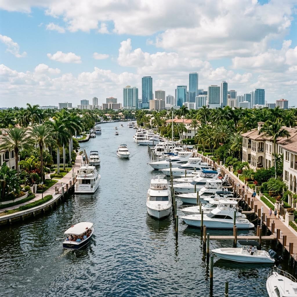 Canal lined with boats and waterfront homes, city skyline in the distance