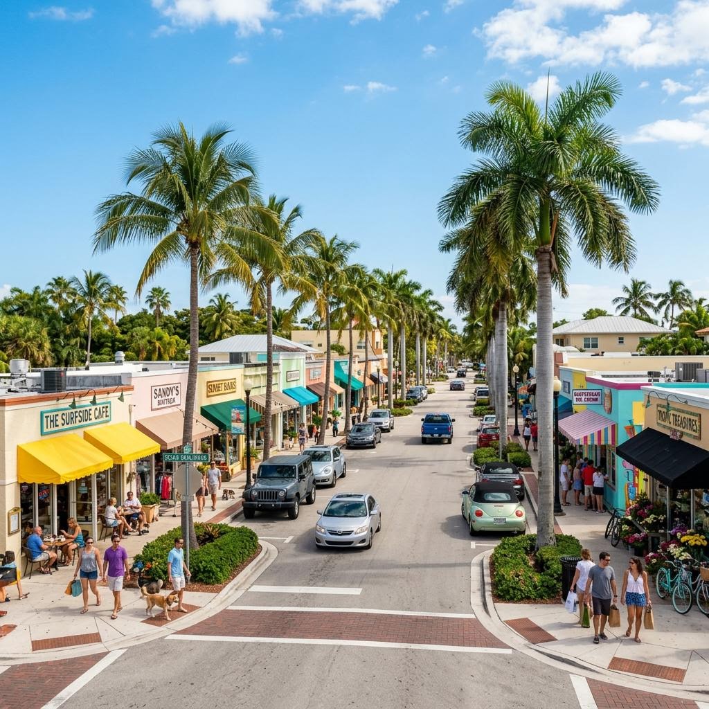 Small-town main street with palm trees and shopfronts under a blue sky