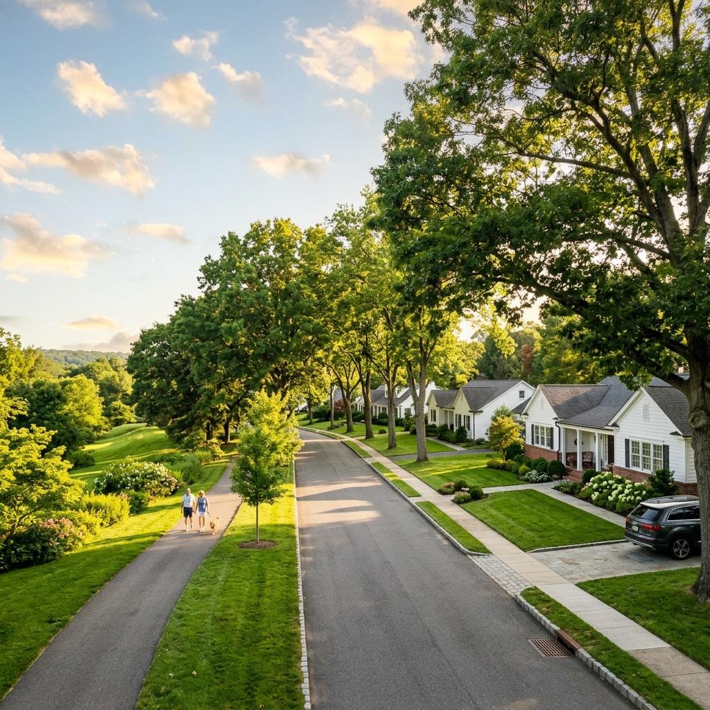 Quiet residential street with large shade trees and a grassy walking path