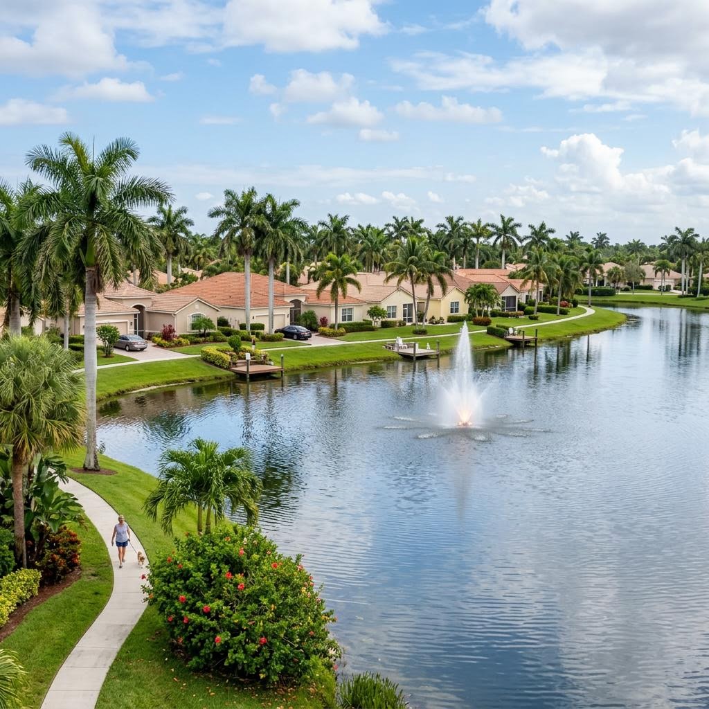 Residential community beside a lake with a fountain and palm trees