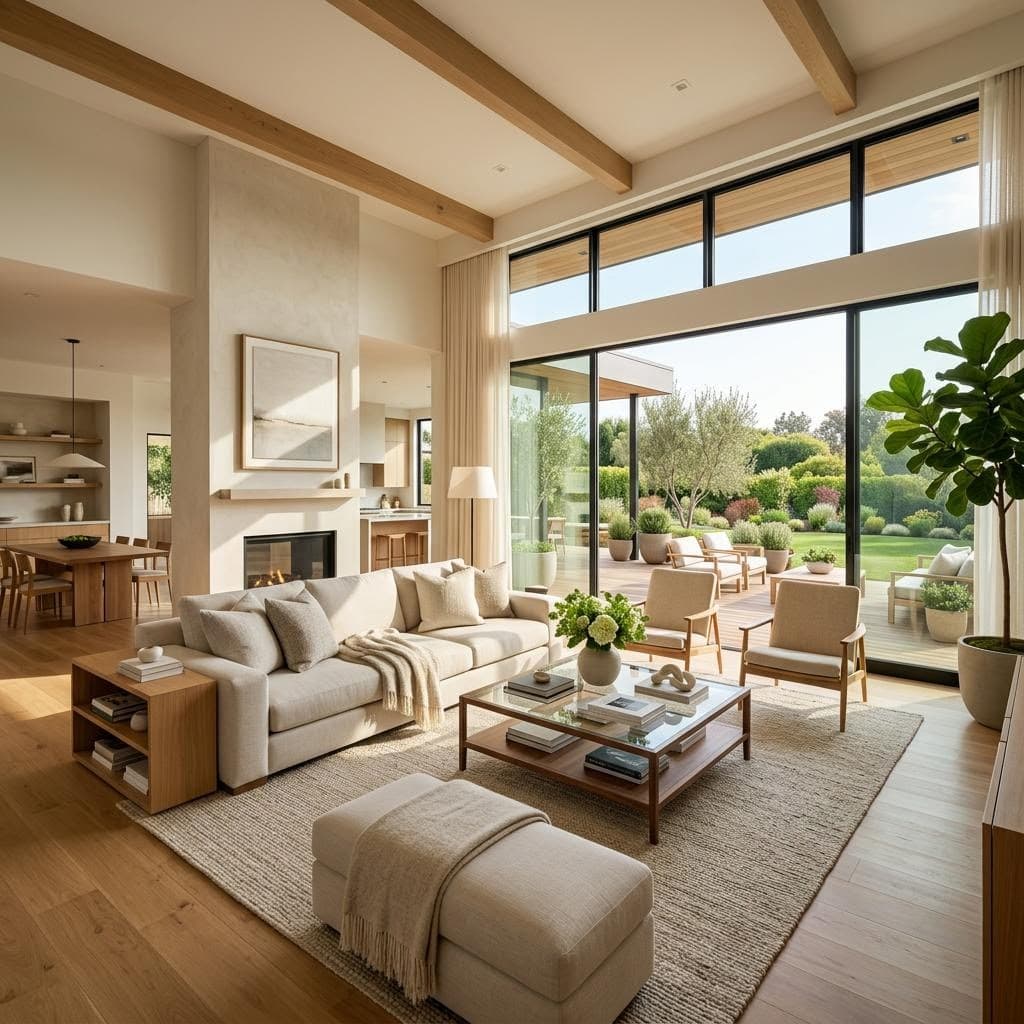 Bright, freshly cleaned open-plan living room