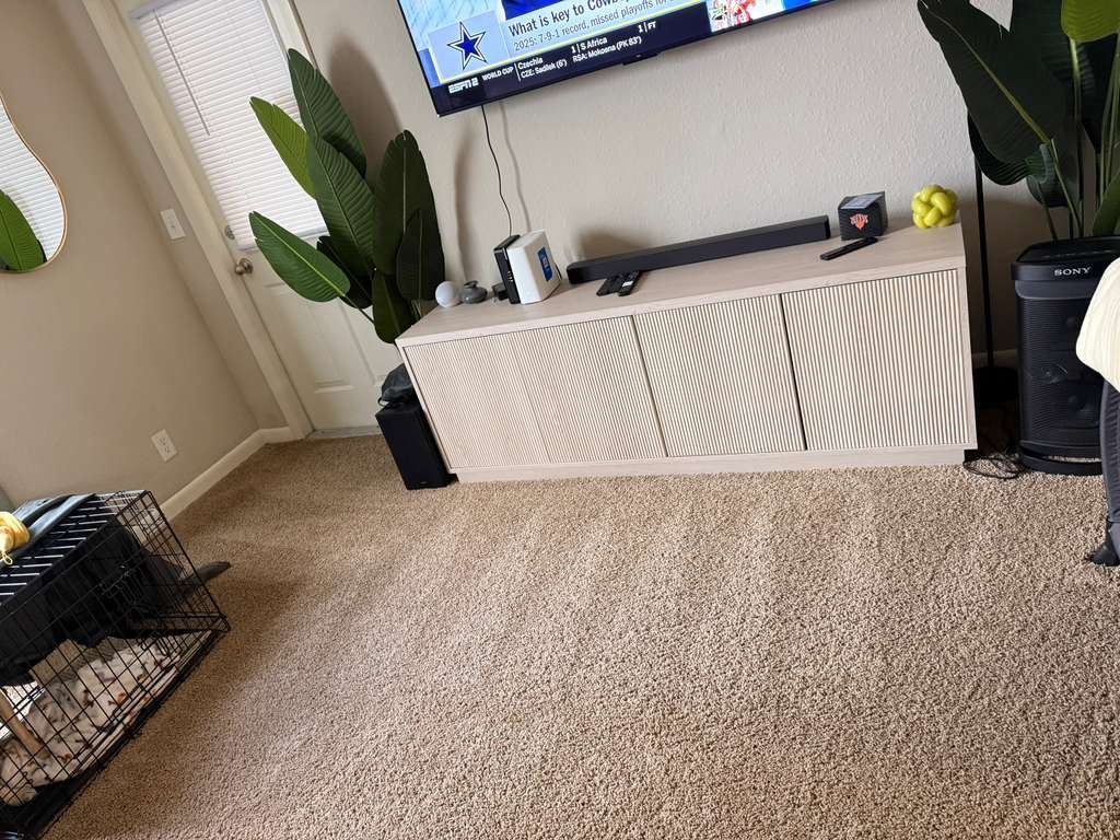 Tidy living area with freshly vacuumed carpet